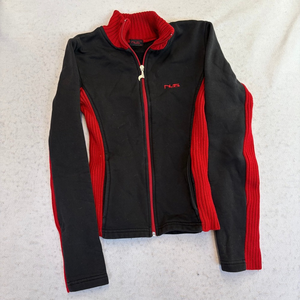 Nas Full Zip Track Jacket Womens Size M Black Red Ribbed Accents‎ Mock Neck